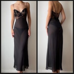 RARE Victoria's Secret Y2K Black Long Silk Slip Dress Nightgown Lingerie